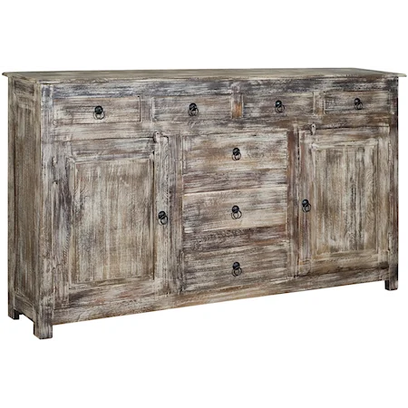 Two-Door Seven-Drawer Reclaimed Wood Buffet with Heavily Distressed Finish